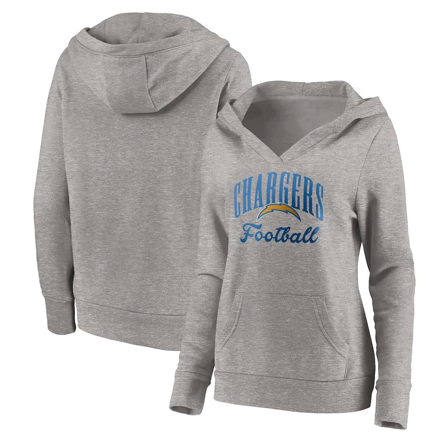 Women Los Angeles Chargers Fanatics Branded Heathered Gray Victory Script V-Neck Pullover Hoodie->women nfl jersey->Women Jersey
